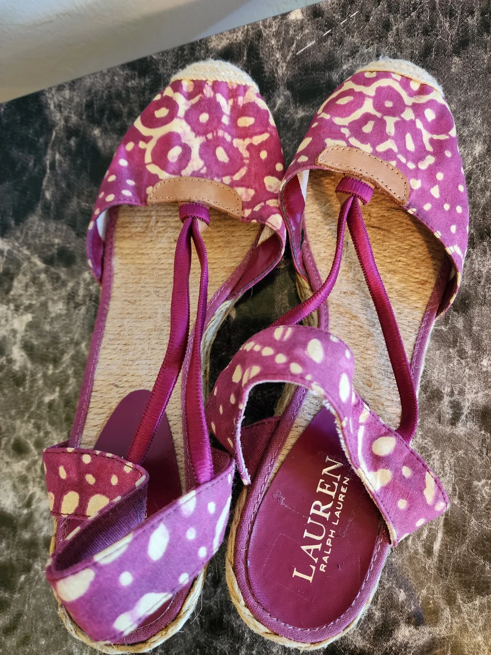 Lauren Ralph Lauren Magenta and Cream Leopard-Print Espadrille Wedges